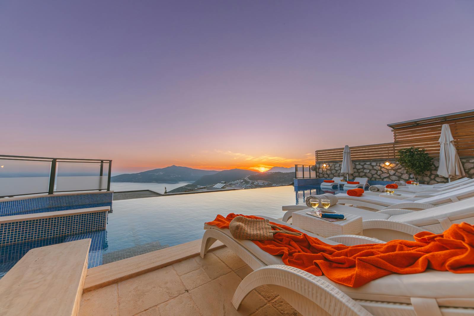 Villa pool deck at sunset